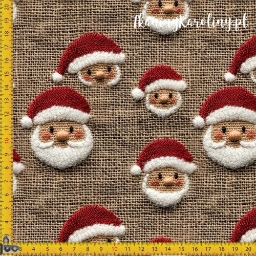 SOFTSHELL WODOODPORNY Wzory świąteczne, juta - Święty Mikołaj na ciemnym beżu (mniejszy)