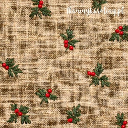 WELUR TAPICERSKI SOFTSHELL WODOODPORNY Wzory świąteczne, juta - ostrokrzew na beżu (luźny wzór)