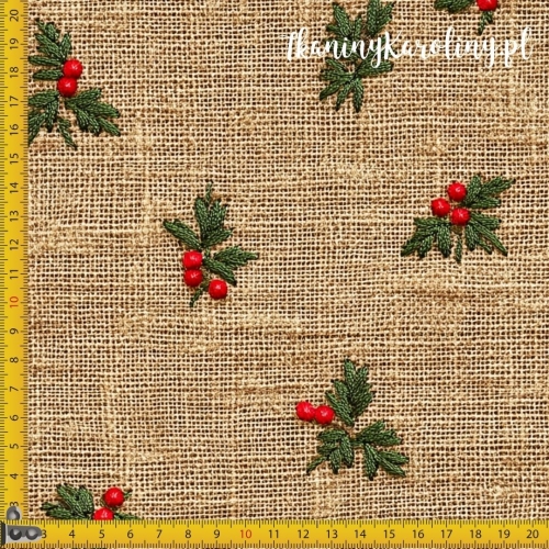 WELUR TAPICERSKI SOFTSHELL WODOODPORNY Wzory świąteczne, juta - ostrokrzew na beżu (luźny wzór)