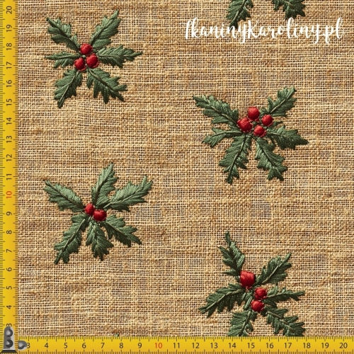 SOFTSHELL WODOODPORNY Wzory świąteczne, juta - ostrokrzew na beżu (gęsty wzór)