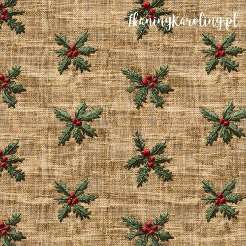 WELUR TAPICERSKI SOFTSHELL WODOODPORNY Wzory świąteczne, juta - ostrokrzew na beżu (gęsty wzór)