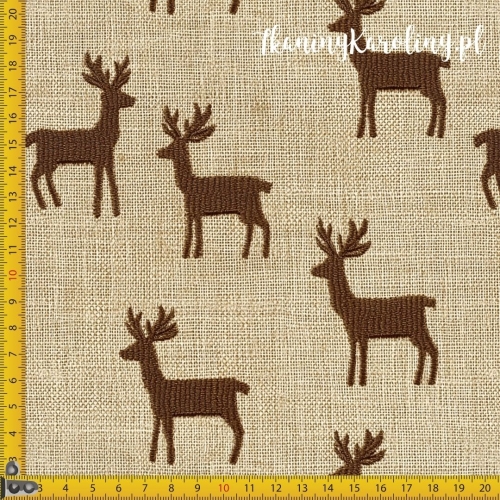 SOFTSHELL WODOODPORNY Wzory świąteczne, juta - sylwetki brązowych jeleni na beżu