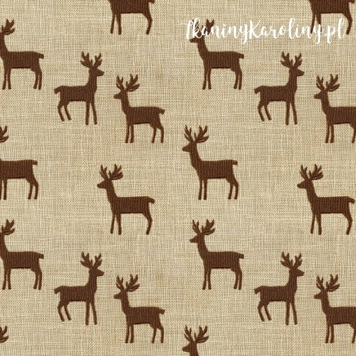 WELUR TAPICERSKI Wzory świąteczne, juta - sylwetki brązowych jeleni na beżu