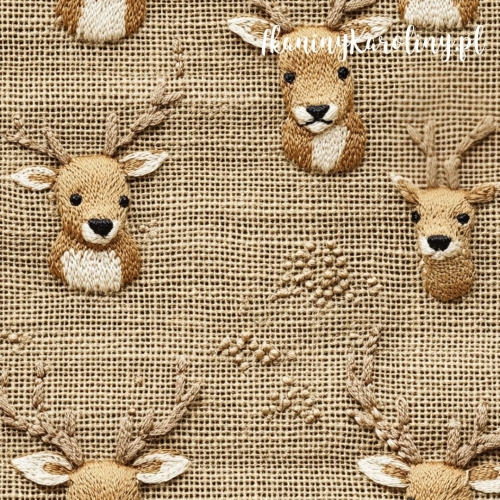 SOFTSHELL WODOODPORNY Wzory świąteczne, juta - jasnobrązowe jelenie na beżu, jak haftowane