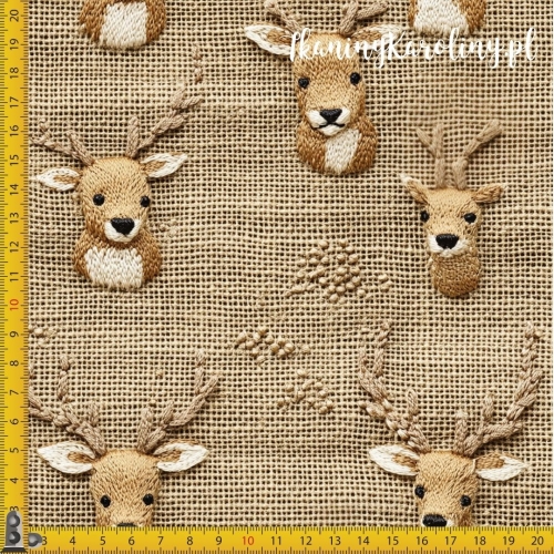 SOFTSHELL WODOODPORNY Wzory świąteczne, juta - jasnobrązowe jelenie na beżu, jak haftowane