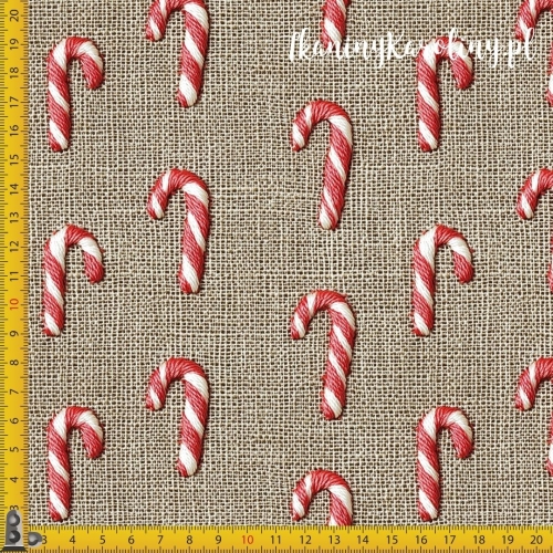 TKANINA WODOODPORNA OXFORD Wzory świąteczne, imitacja juty - laski cukrowe, lizaki jak haftowane