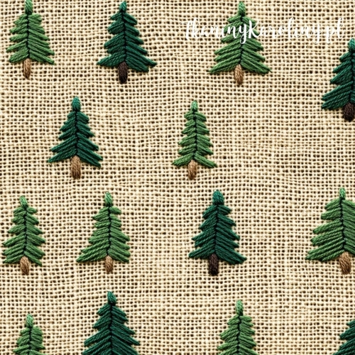 WELUR TAPICERSKI Wzory świąteczne, imitacja juty - choinki na jasnym beżu, jak haftowane