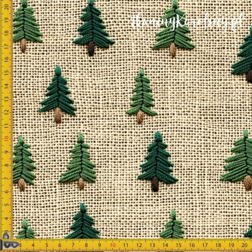 WELUR TAPICERSKI Wzory świąteczne, imitacja juty - choinki na jasnym beżu, jak haftowane