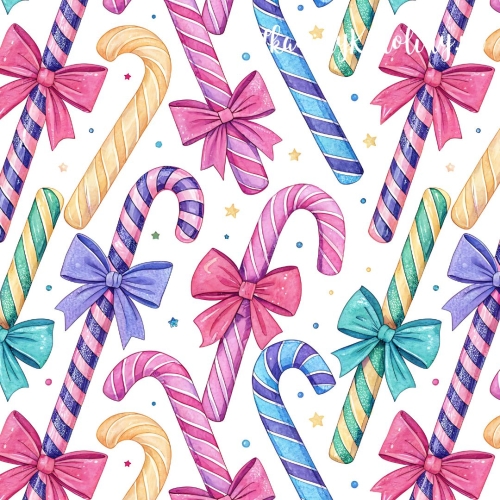 TKANINA WODOODPORNA OXFORD Wzory świąteczne, pastelowe - laski cukrowe, lizaki w kokardach