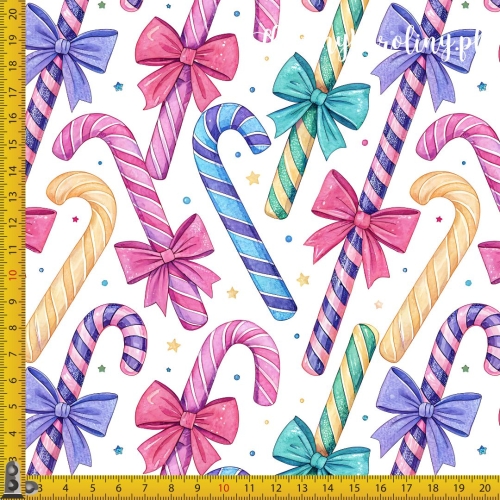 TKANINA WODOODPORNA OXFORD Wzory świąteczne, pastelowe - laski cukrowe, lizaki w kokardach