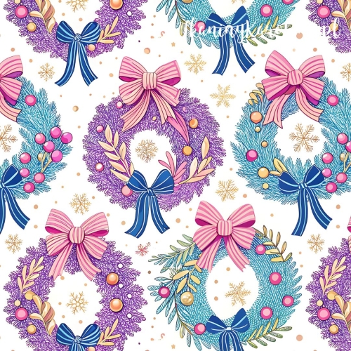 WELUR TAPICERSKI Wzory świąteczne, pastelowe - kolorowe wieńce w kokardach