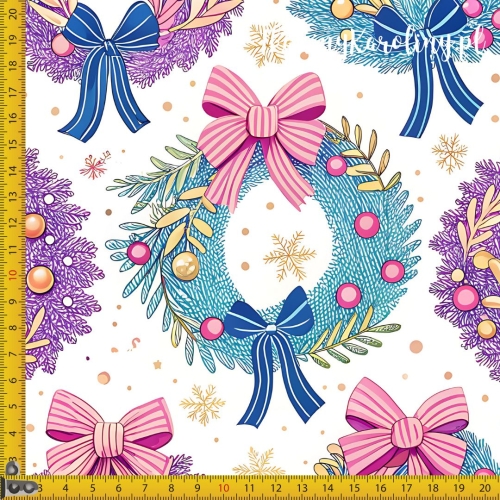 WELUR TAPICERSKI Wzory świąteczne, pastelowe - kolorowe wieńce w kokardach