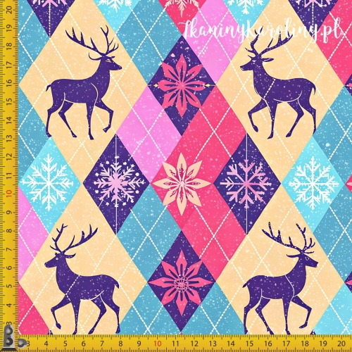 TKANINA WODOODPORNA OXFORD Wzory świąteczne, pastelowe - renifery w motywie argyle