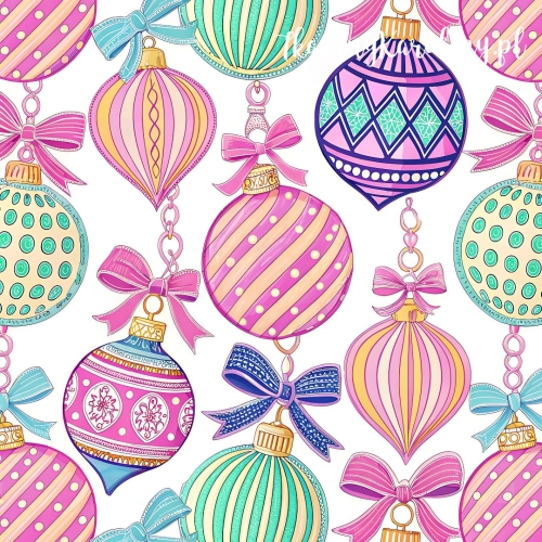 WELUR TAPICERSKI Wzory świąteczne, pastelowe - bombki i granatowe kokardy na jasnym tle