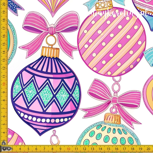 WELUR TAPICERSKI Wzory świąteczne, pastelowe - bombki i granatowe kokardy na jasnym tle