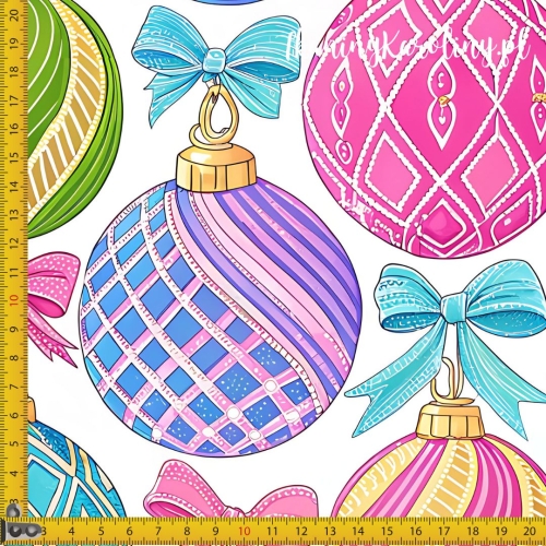 WELUR TAPICERSKI Wzory świąteczne, pastelowe - bombki i kokardy (bez granatowych wstążek)