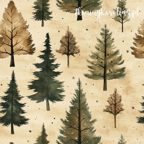 SOFTSHELL WODOODPORNY Wzory świąteczne - zielone choinki bez ozdób na ciemniejszym beżowym tle