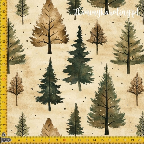 SOFTSHELL WODOODPORNY Wzory świąteczne - zielone choinki bez ozdób na ciemniejszym beżowym tle