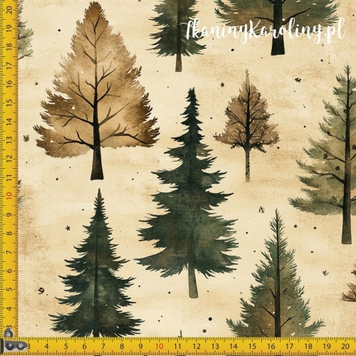 WELUR TAPICERSKI Wzory świąteczne - zielone choinki bez ozdób na ciemniejszym beżowym tle