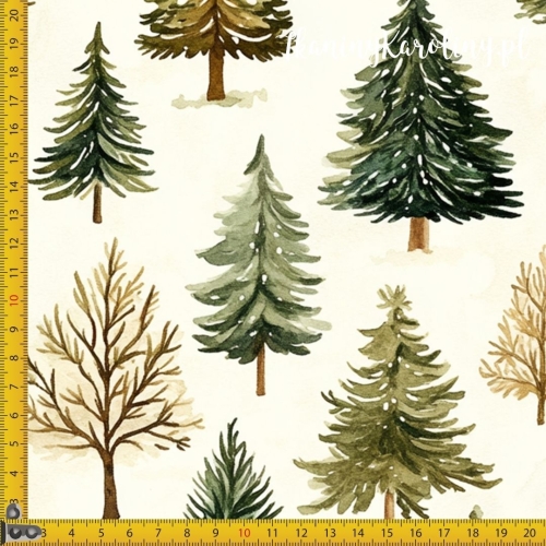 WELUR TAPICERSKI Wzory świąteczne - zielone choinki bez ozdób na jasnym beżu