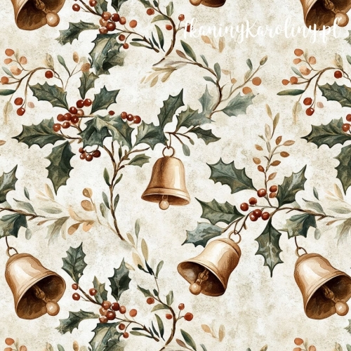 WELUR TAPICERSKI Wzory świąteczne - złote dzwonki na jasnym tle i gałązki ostrokrzewu