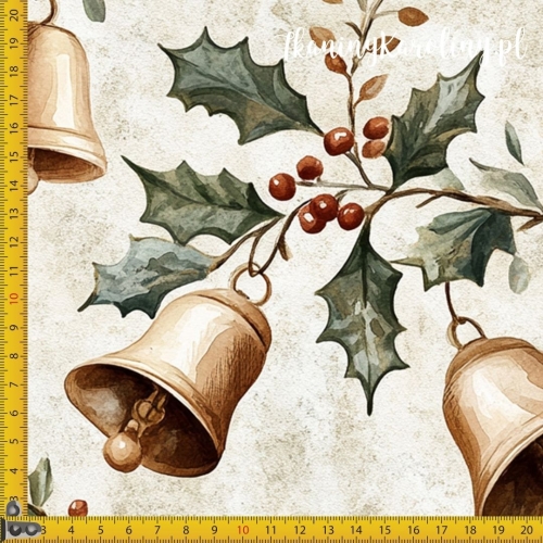 WELUR TAPICERSKI Wzory świąteczne - złote dzwonki na jasnym tle i gałązki ostrokrzewu