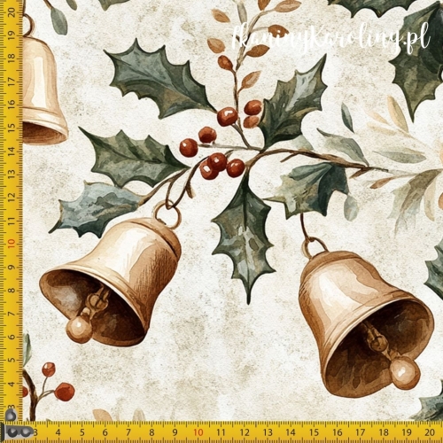 SOFTSHELL WODOODPORNY Wzory świąteczne - złote dzwonki na jasnym tle i gałązki ostrokrzewu