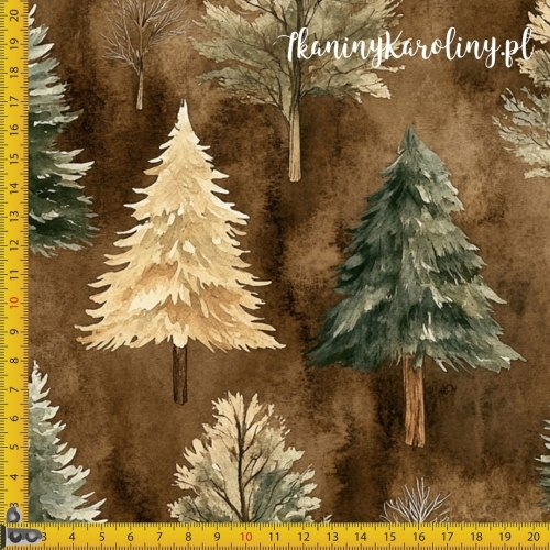 WELUR TAPICERSKI Wzory świąteczne - zielone choinki bez ozdób nabrązowym tle