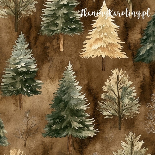 SOFTSHELL WODOODPORNY Wzory świąteczne - zielone choinki bez ozdób nabrązowym tle [6-8]