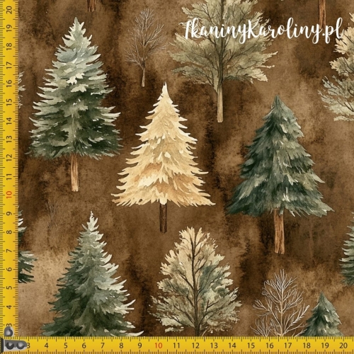 SOFTSHELL WODOODPORNY Wzory świąteczne - zielone choinki bez ozdób nabrązowym tle [6-8]