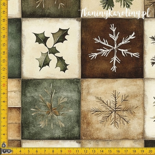 SOFTSHELL WODOODPORNY Wzory świąteczne - patchwork z motywami zimowymi (brąz, zieleń, beż)