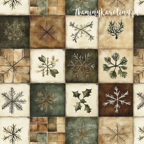 WELUR TAPICERSKI Wzory świąteczne - patchwork z motywami zimowymi (brąz, zieleń, beż) [6-8]
