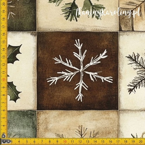 WELUR TAPICERSKI Wzory świąteczne - patchwork z motywami zimowymi (brąz, zieleń, beż) [6-8]