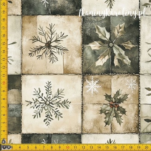 SOFTSHELL WODOODPORNY Wzory świąteczne - patchwork z motywami zimowymi (w zieleni i beżu) [6-8]