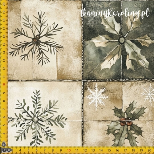 WELUR TAPICERSKI Wzory świąteczne - patchwork z motywami zimowymi (w zieleni i beżu)