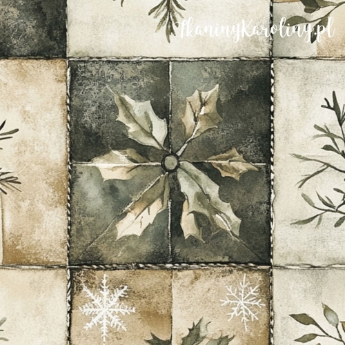 TKANINA WODOODPORNA OXFORD Wzory świąteczne - patchwork z motywami zimowymi (w zieleni i beżu)