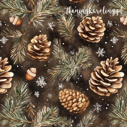 TKANINA WODOODPORNA OXFORD Wzory świąteczne - szyszki, gałązki, żołędzie i śnieżynki na brązie