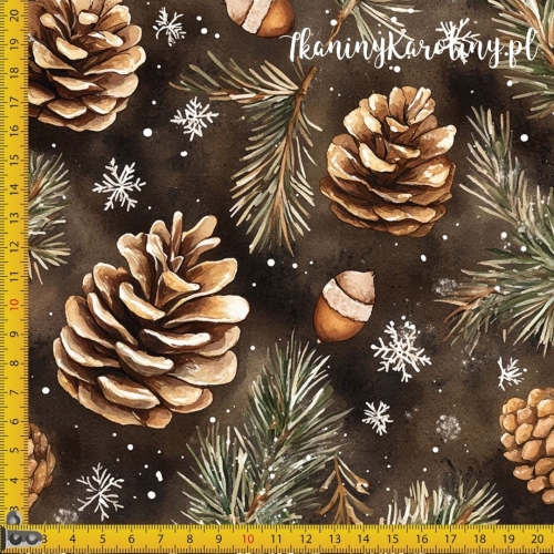 TKANINA WODOODPORNA OXFORD Wzory świąteczne - szyszki, gałązki, żołędzie i śnieżynki na brązie
