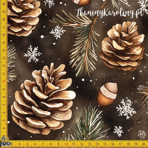 WELUR TAPICERSKI Wzory świąteczne - szyszki, gałązki, żołędzie i śnieżynki na brązie [6-8]