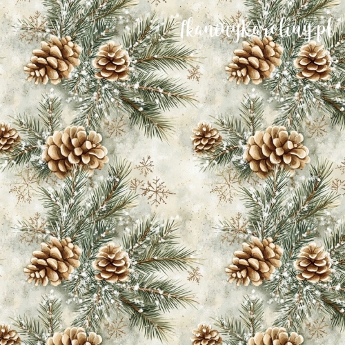 TKANINA WODOODPORNA OXFORD Wzory świąteczne - szyszki na gałęziach w kolumnach pionowych, jasne tło