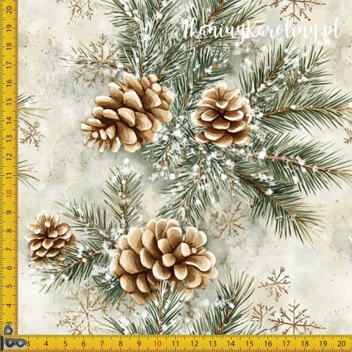 TKANINA WODOODPORNA OXFORD Wzory świąteczne - szyszki na gałęziach w kolumnach pionowych, jasne tło