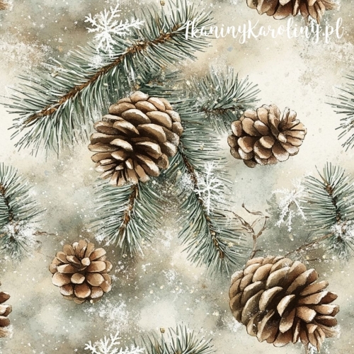 SOFTSHELL WODOODPORNY Wzory świąteczne - szyszki w gałązkach iglastych, jasne tło