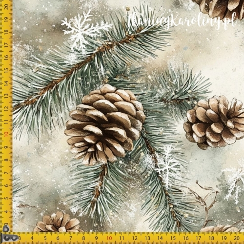 SOFTSHELL WODOODPORNY Wzory świąteczne - szyszki w gałązkach iglastych, jasne tło