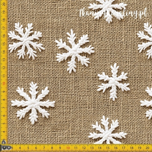 SOFTSHELL WODOODPORNY Wzory świąteczne, imitacja juty - płatki śniegu na beżu (luźny wzór)