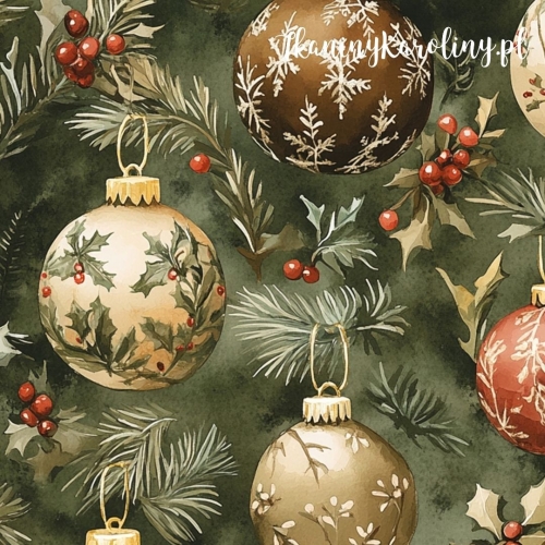 TKANINA WODOODPORNA OXFORD Wzory świąteczne - bombki na zielonym tle