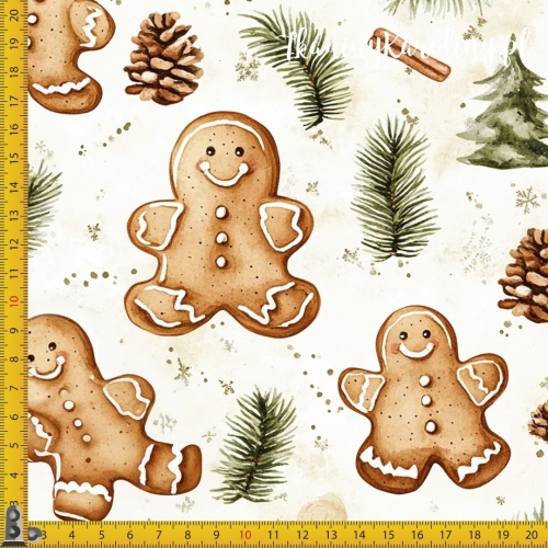 SOFTSHELL WODOODPORNY Wzory świąteczne - piernikowe ludziki na jasnym tle, szyszki, choinki