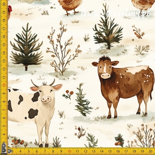 WELUR TAPICERSKI TKANINA WODOODPORNA OXFORD Wzory świąteczne - farma na śniegu