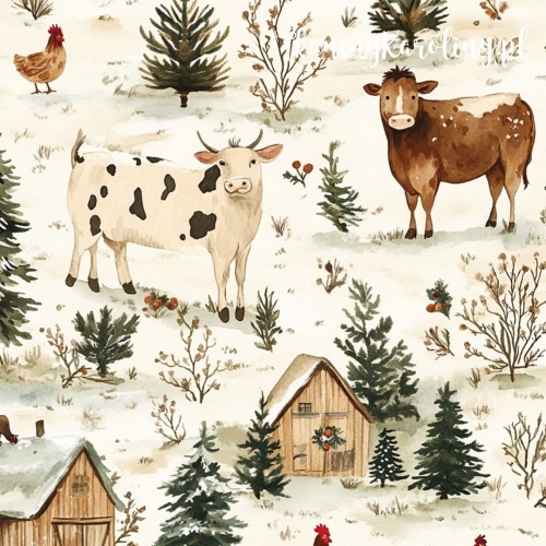 TKANINA WODOODPORNA OXFORD Wzory świąteczne - farma na śniegu