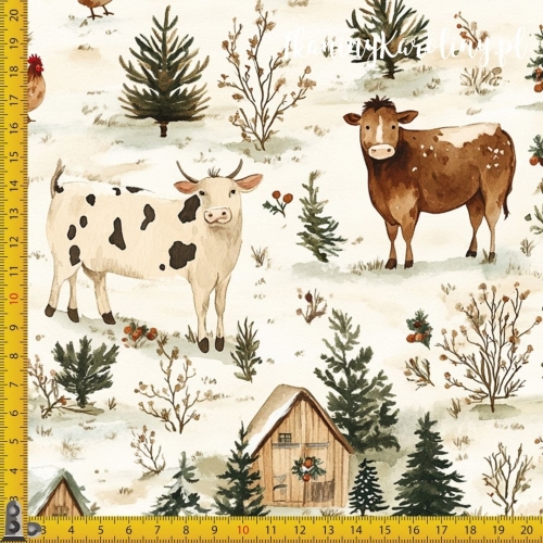 TKANINA WODOODPORNA OXFORD Wzory świąteczne - farma na śniegu
