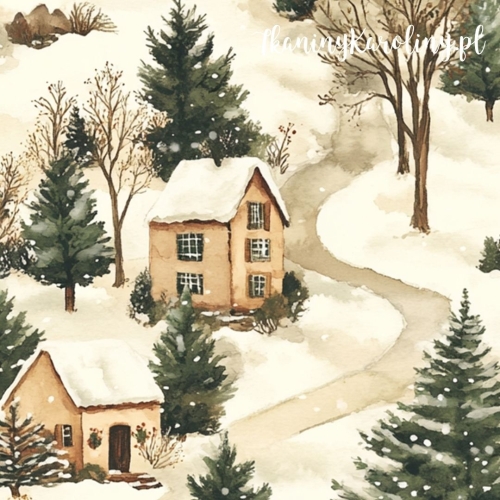 TKANINA WODOODPORNA OXFORD Wzory świąteczne - jasnobeżowe chatki na śniegu